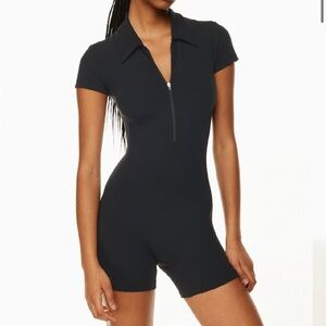 Aritzia Golden Interval Polo Romper Black Front Zip Short Sleeve Sz L